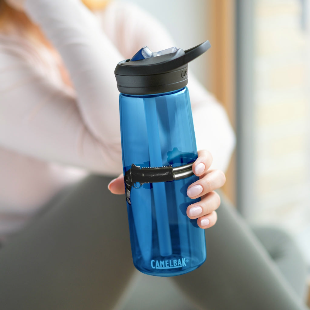 CamelBak Eddy® Water Bottle in 20oz and 25oz sizes, made from durable Tritan™ material, featuring a spill-proof biting valve and easy-carry handle.